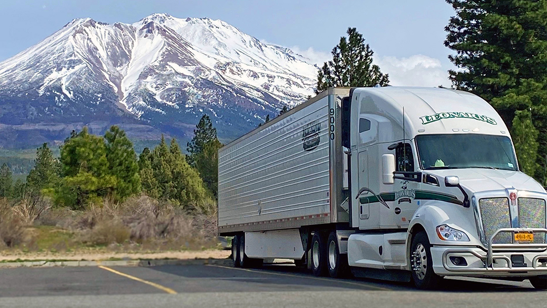 White semi-truck with Leonard's Express logo on a highway with snowy mountains in the background.